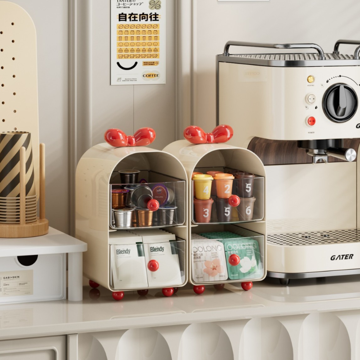 Coffee Tea Bags - Crèmekleurige koffiecapsule-organizer, 2-laags opbergdoos voor theezakjes,